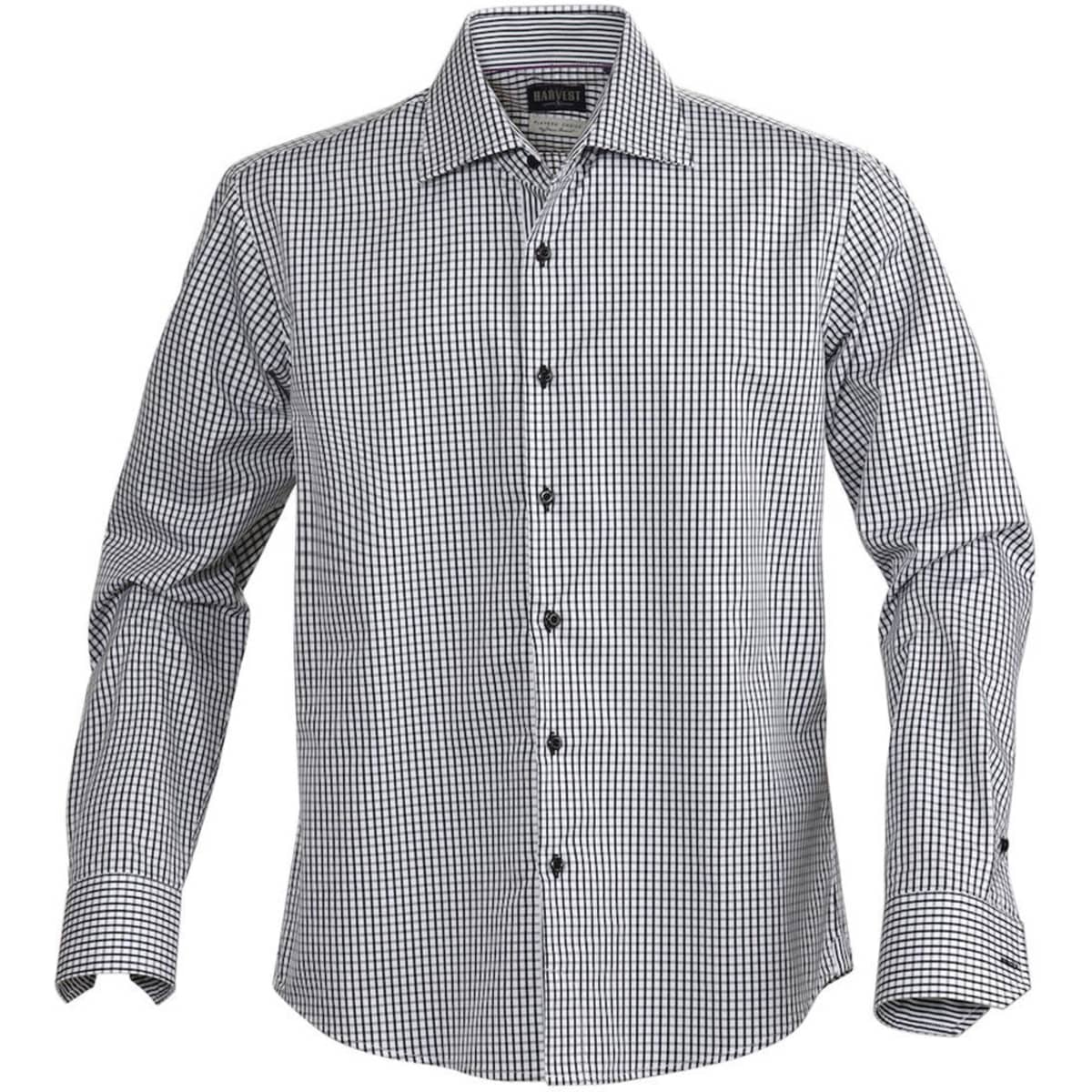 A button-up men's shirt featuring a black and white checkered pattern, with a logo on the label.