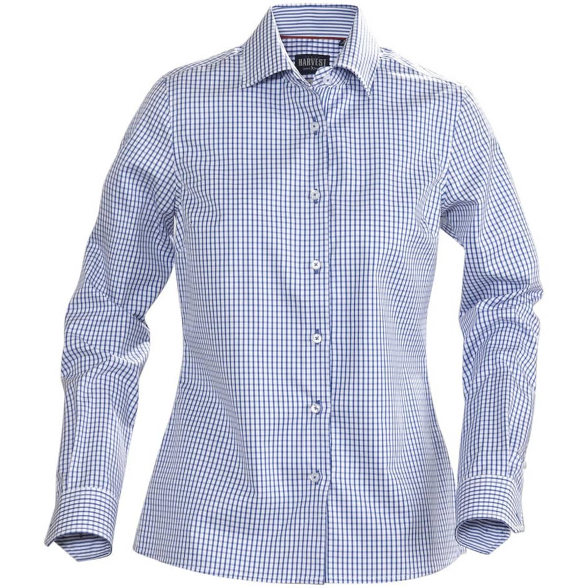 A blue and white checked button-up shirt with long sleeves and a collar, featuring a logo.