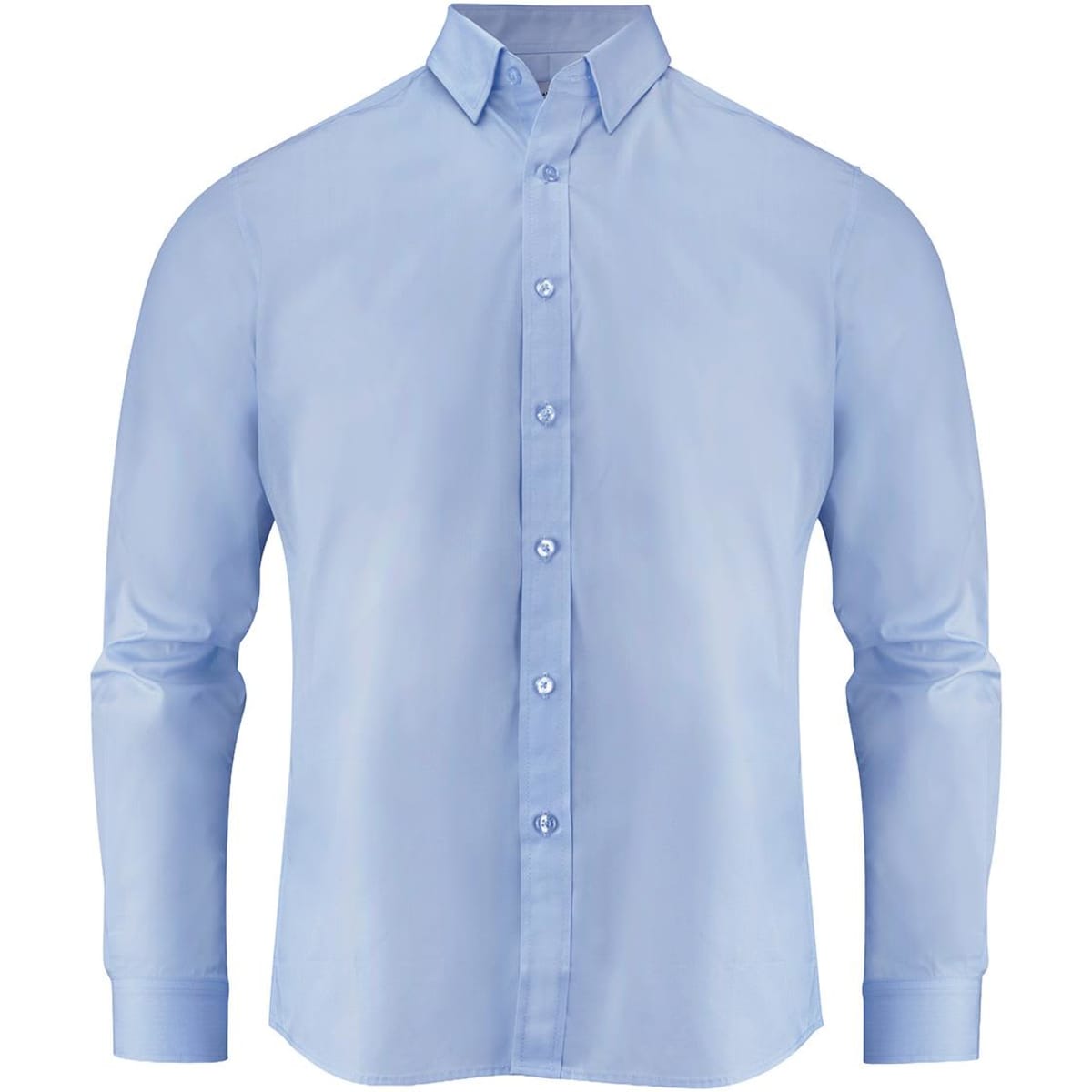 A light blue men's shirt with long sleeves and a button-down front. It features a collar and has a logo on the chest.