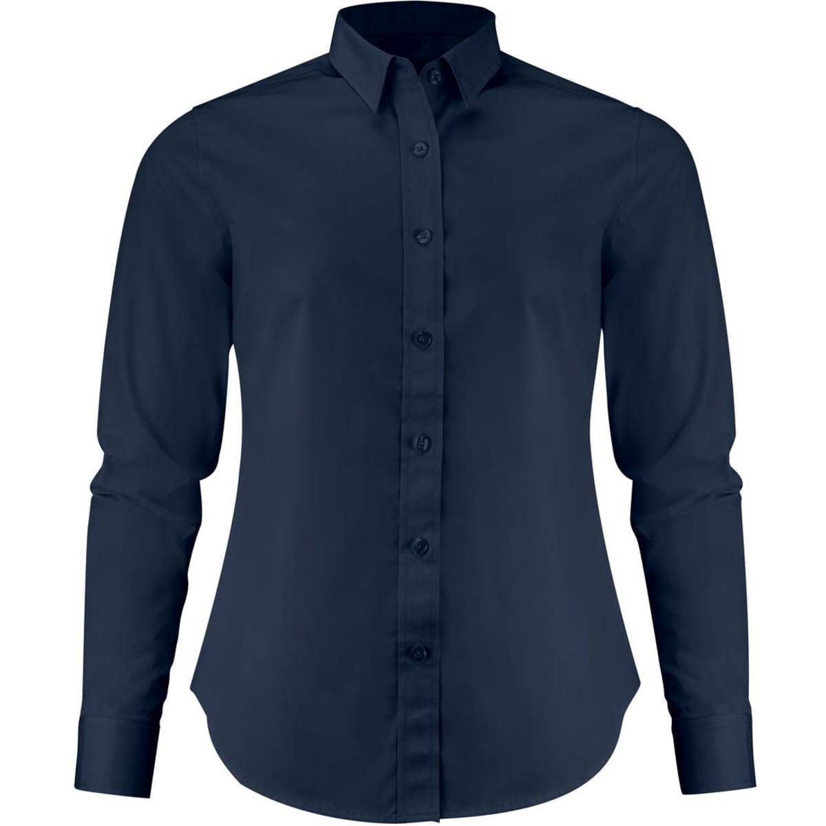 A women's Acton shirt in navy blue with a button-up front and long sleeves. It features a collar and has a logo.