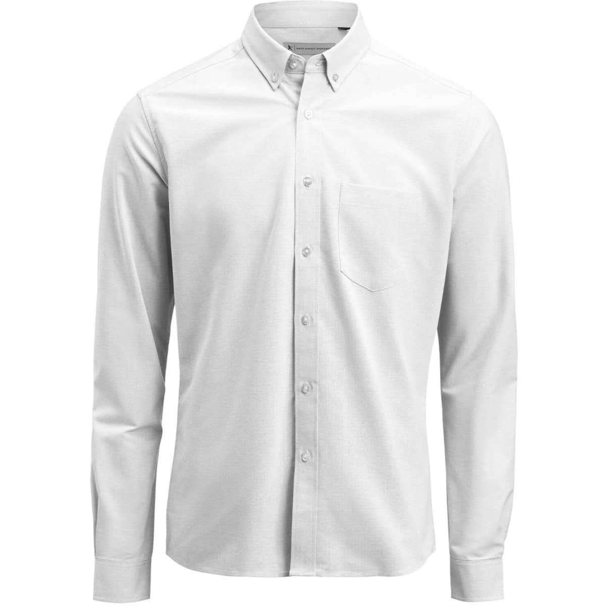 A white men's Oxford shirt with a button-down collar and a single chest pocket, featuring a brand logo.