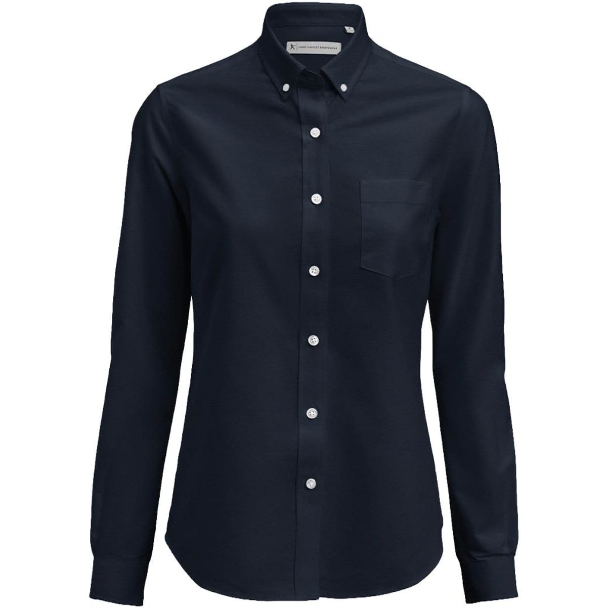 A navy blue women's oxford shirt featuring a button-down collar and a chest pocket. It has long sleeves and a logo.
