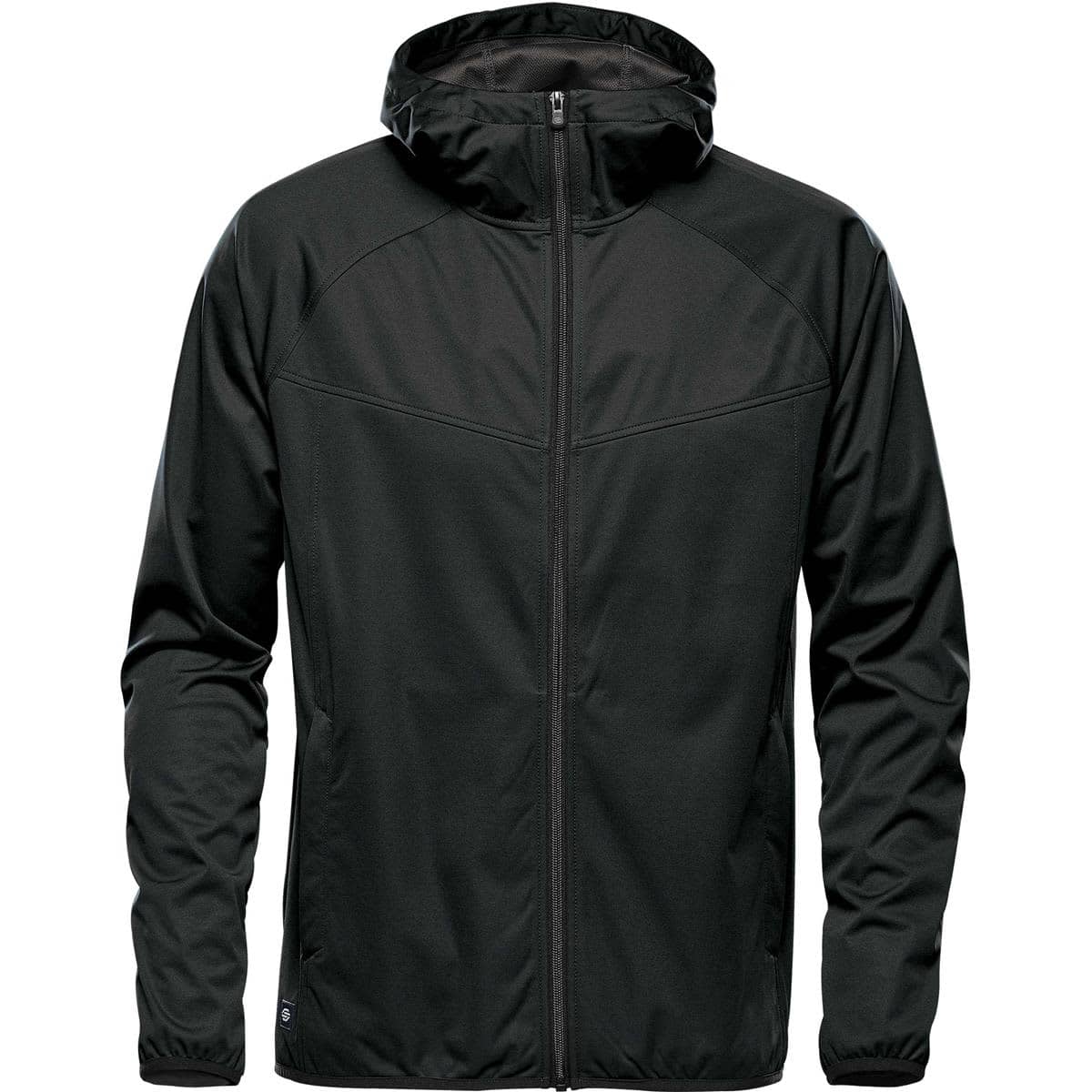 A black softshell jacket with a hood and zip closure, featuring a sleek design and an emblem.