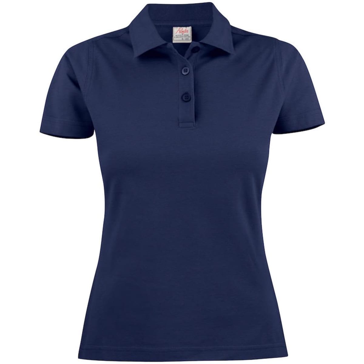 A navy women's cotton polo shirt featuring a collar and buttons, with a logo on the label.