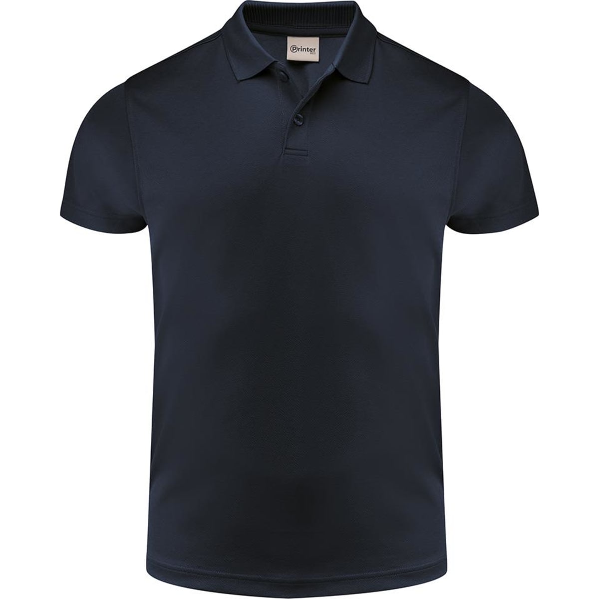 A navy blue men's polo shirt with a collar and short sleeves, featuring a branding logo.