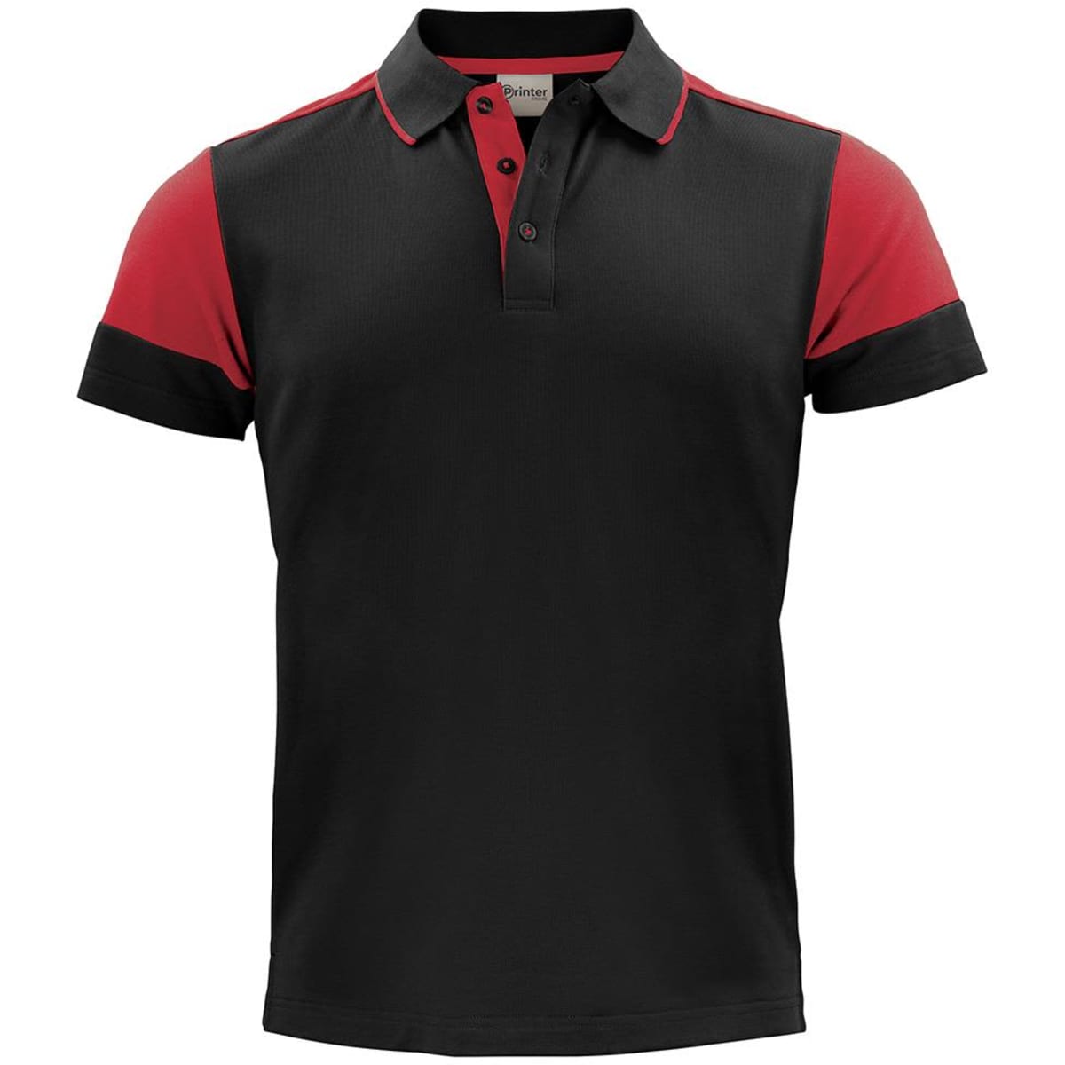 A black and red polo shirt with a collar, short sleeves, and a logo on the chest.