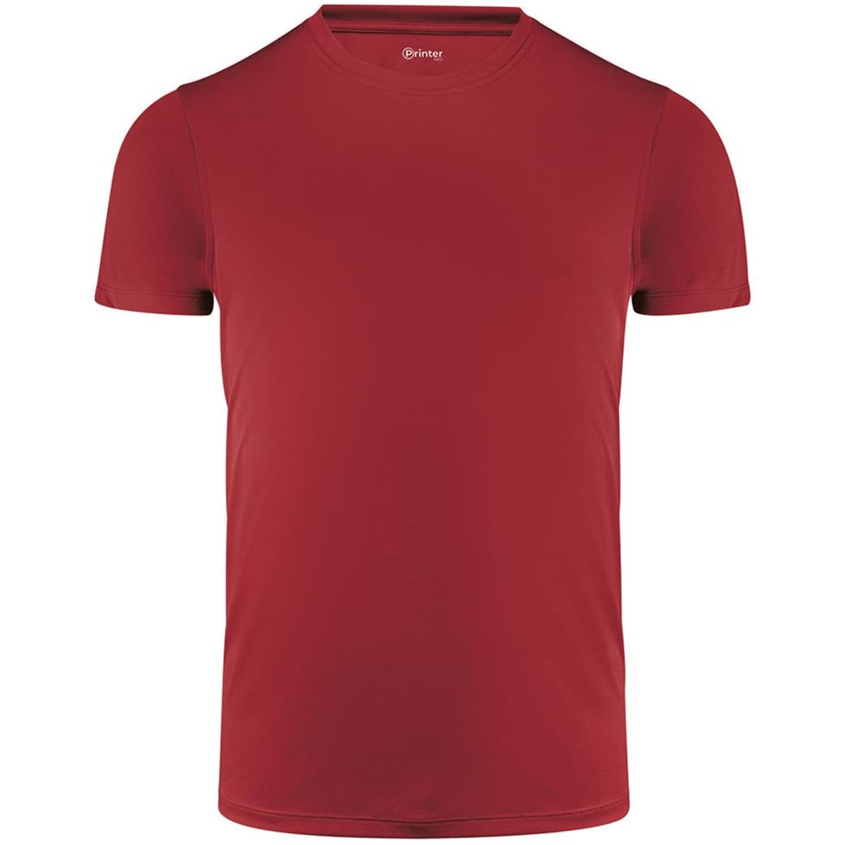 A red men's active tee with a crew neckline and short sleeves, featuring a logo on the neckline.
