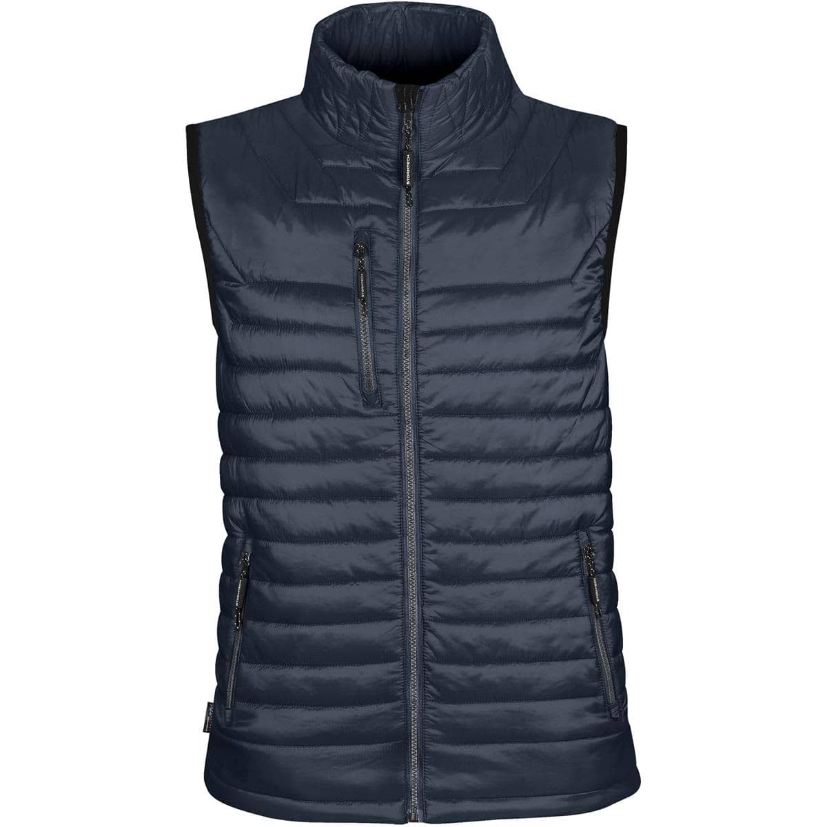 A navy blue men's thermal vest with a zip front and multiple pockets. It features a logo on the chest.