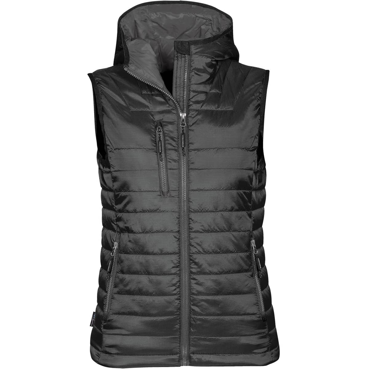 A black women's thermal vest with a hood and multiple zippered pockets. It features a sleek, quilted design and has a logo.