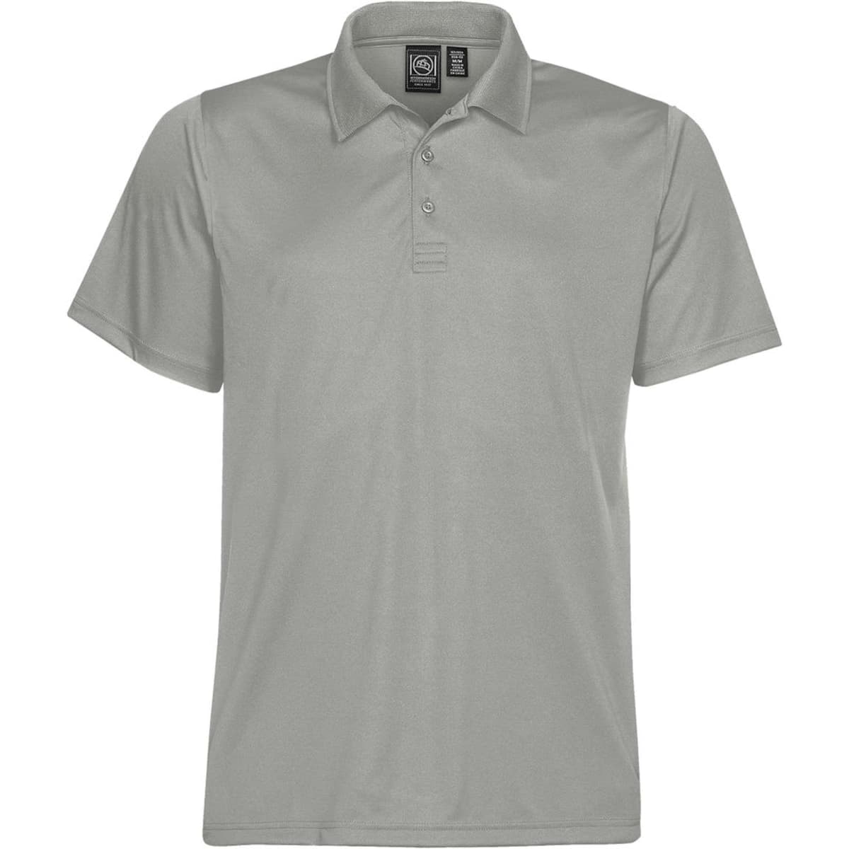 A light grey men's polo shirt with a classic collar, three buttons, and a logo on the label.