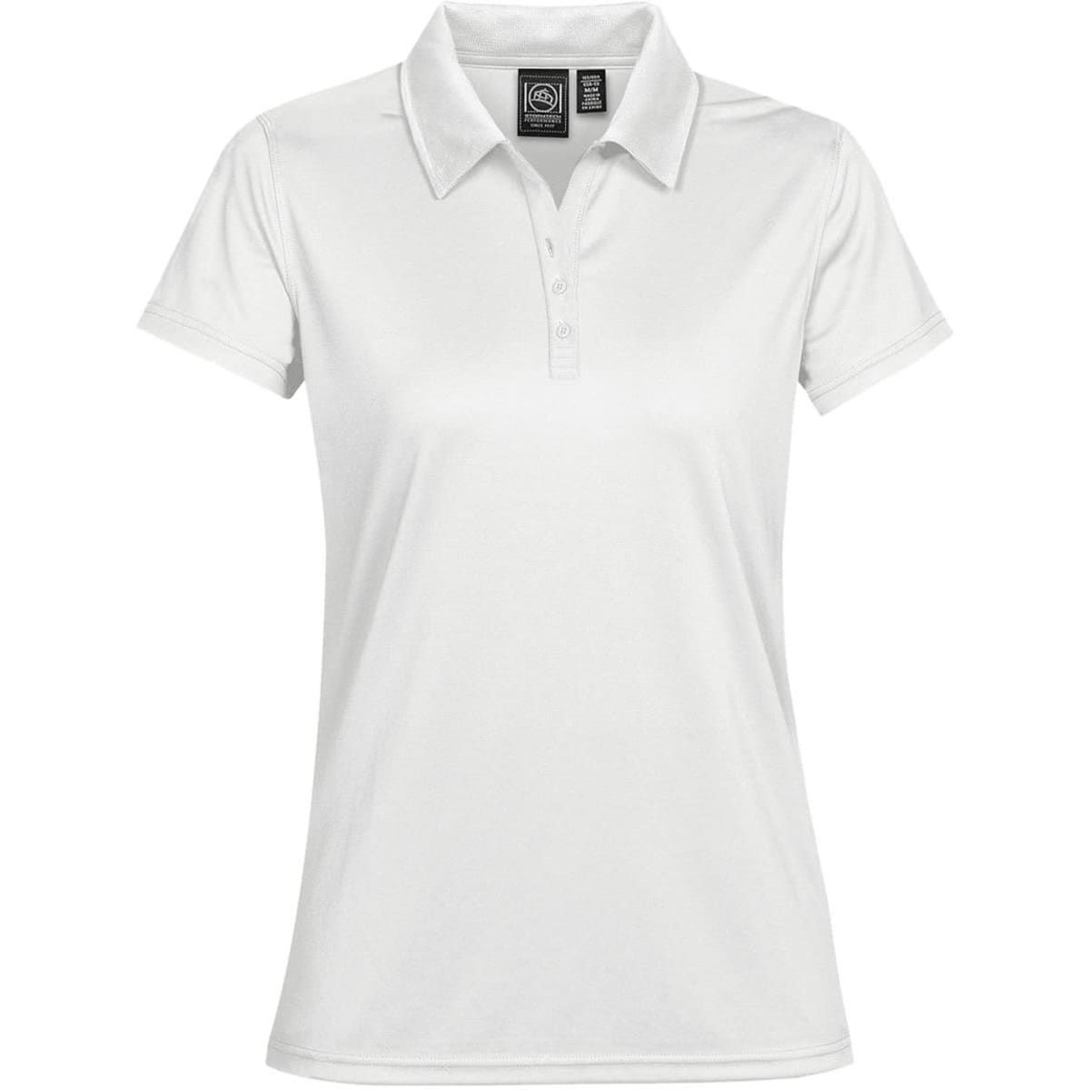 A white women's polo shirt featuring a classic collar and a logo on the chest.