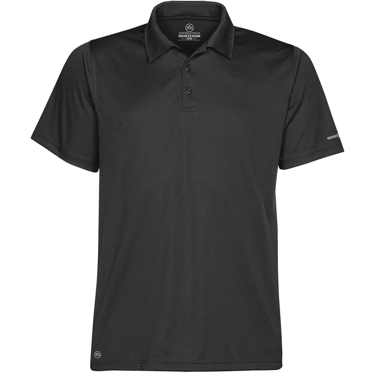 A black polo shirt featuring a collar, button placket, and a small logo on the sleeve.