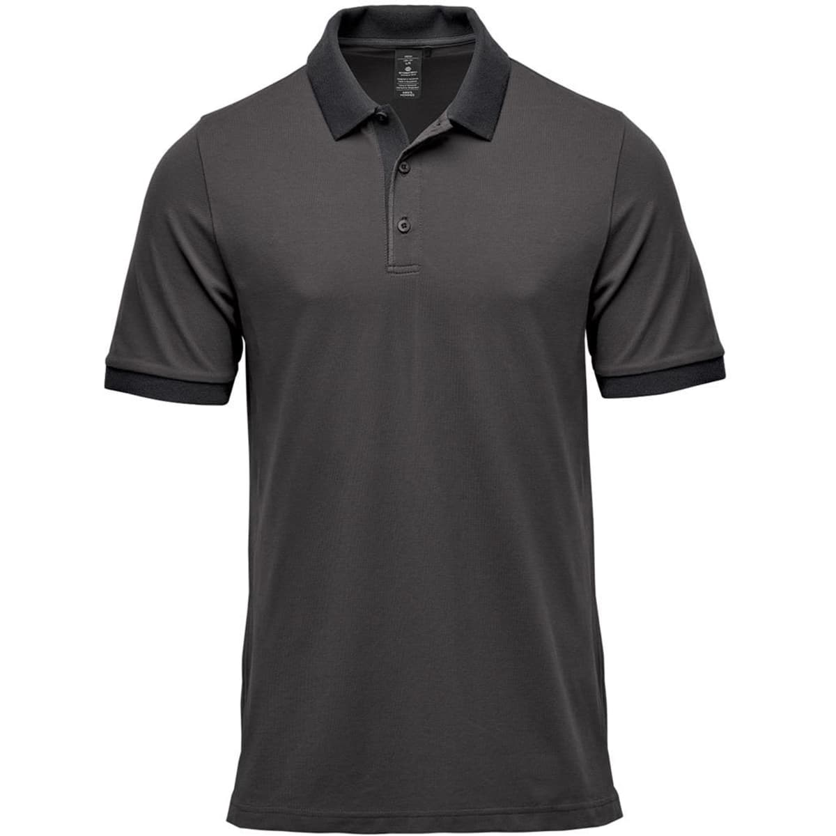 A men's polo shirt in dark grey with a contrasting black collar and sleeve hems. It features a small logo.