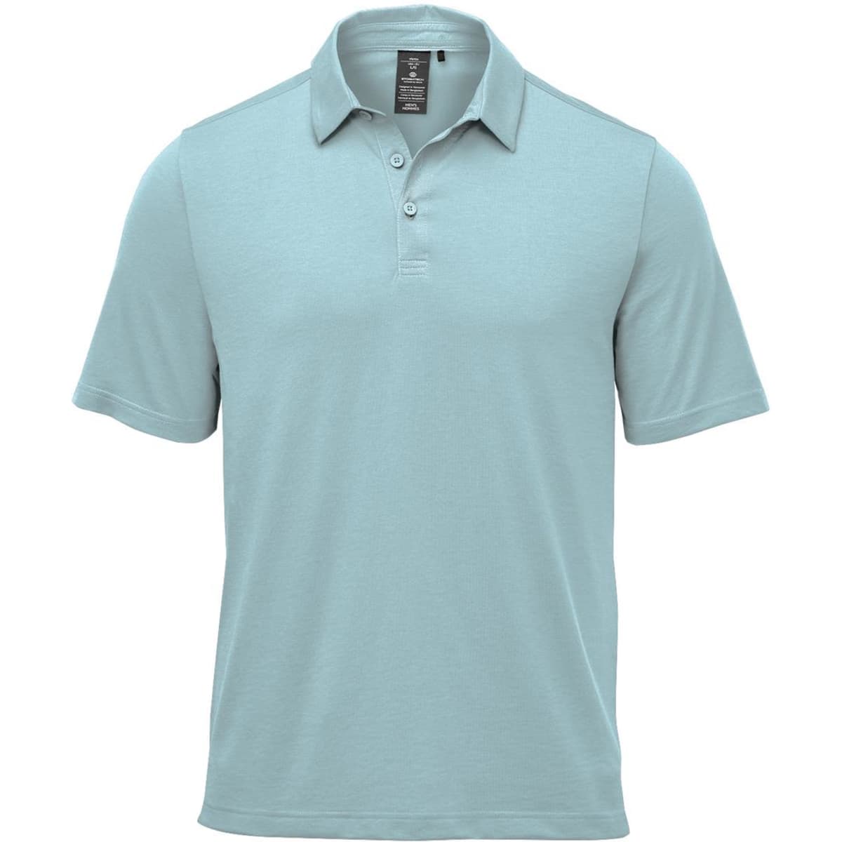 A light blue polo shirt with a collar and three buttons, featuring a small logo on the chest.