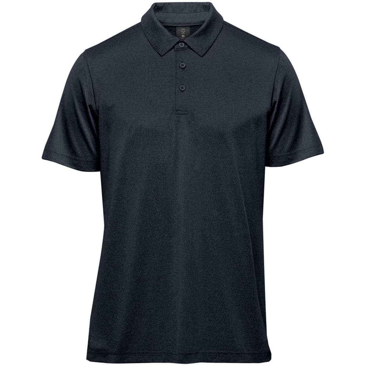 A navy blue men's polo shirt with a collar, short sleeves, and three buttons, featuring a logo.