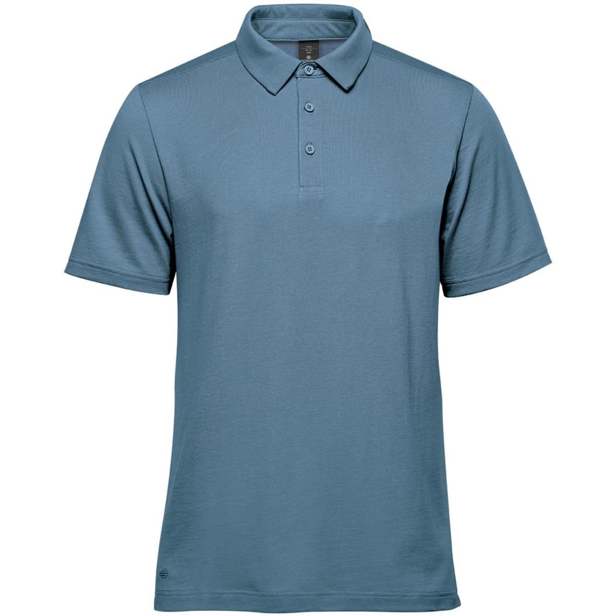 A short-sleeved polo shirt in a light blue shade, featuring a collar and three buttons. Includes a small logo.