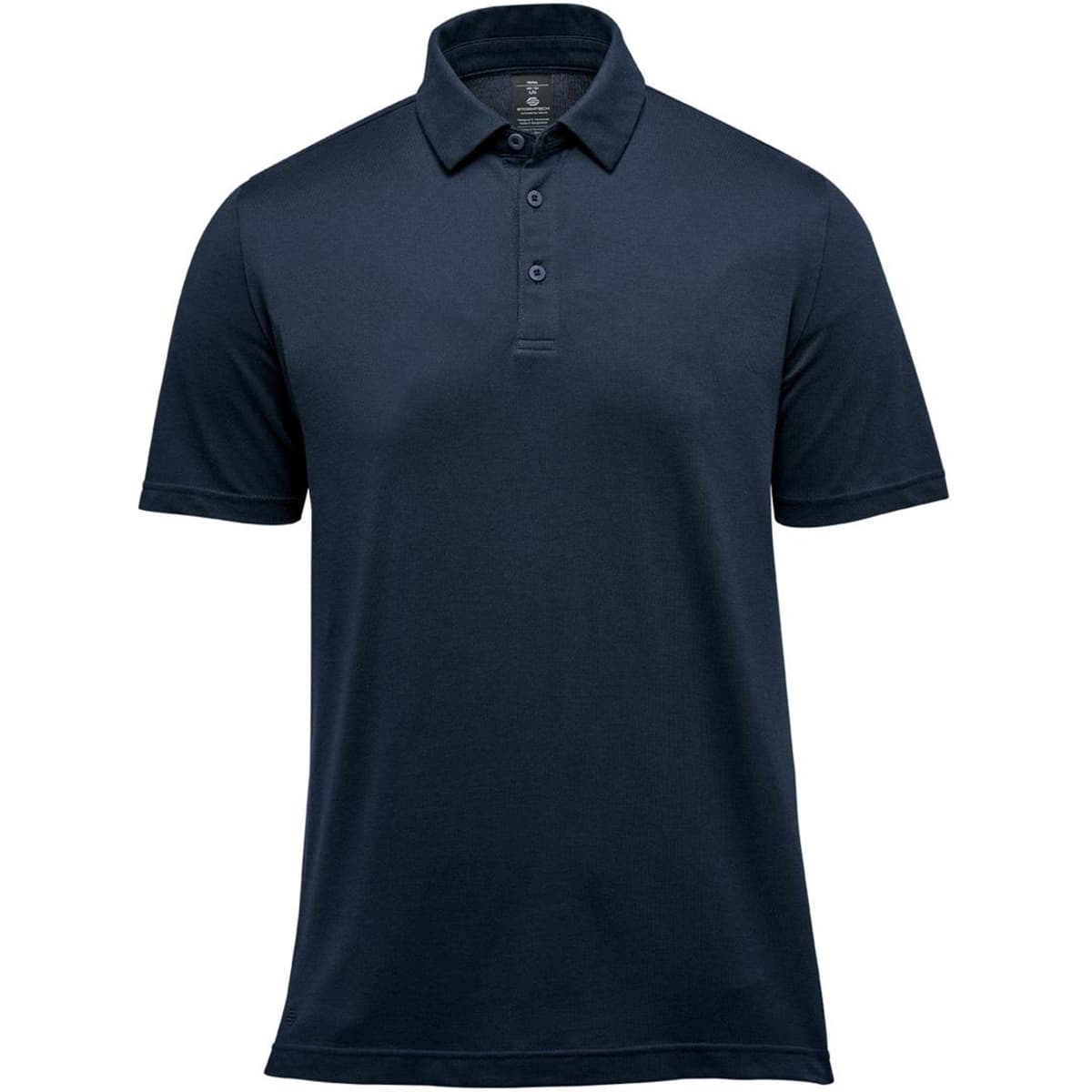 A navy blue men's polo shirt with a collared neck and short sleeves, featuring a logo.