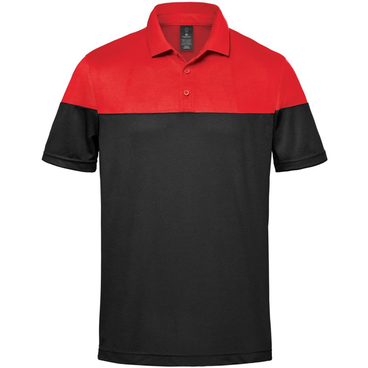 A two-tone polo shirt featuring a red upper section and black lower section. The shirt has a collar and branding.