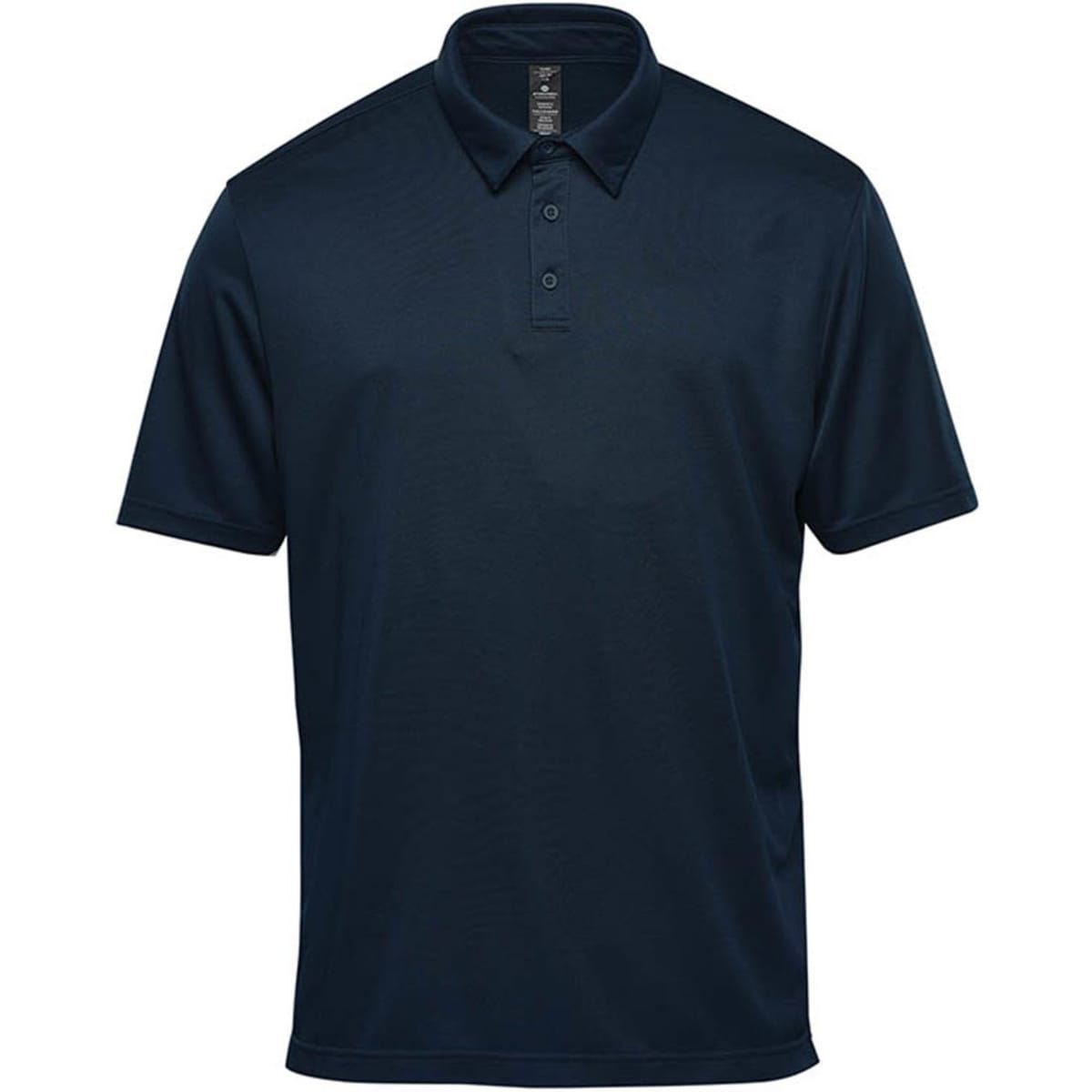 A navy blue men's short sleeve polo shirt with a collar and a logo on the chest.