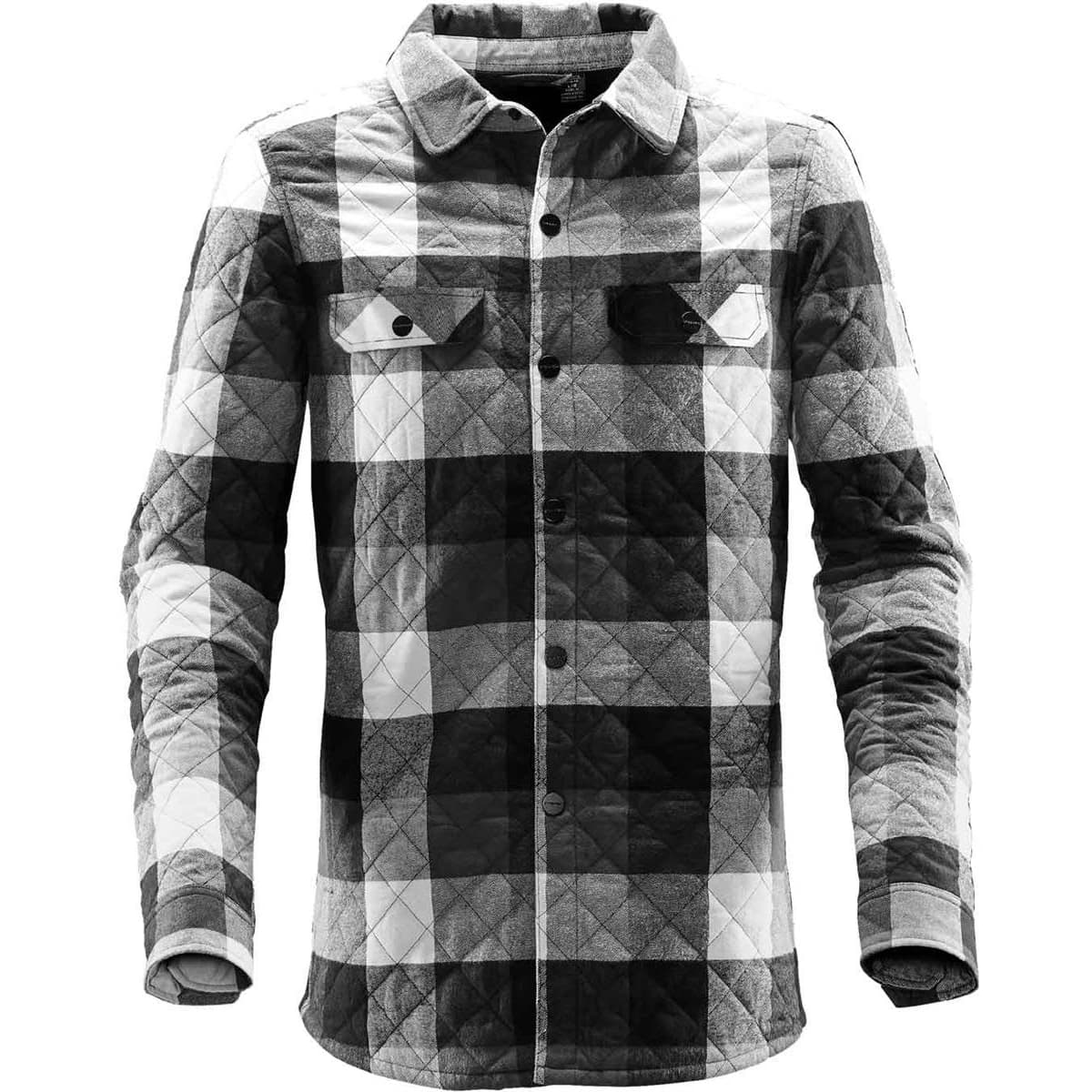 A black and white plaid shacket with a quilted pattern, featuring a button front and two chest pockets.