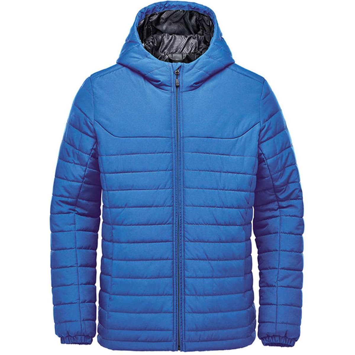 A blue quilted hoody with a zipper and a hood; features a black interior and has a logo.