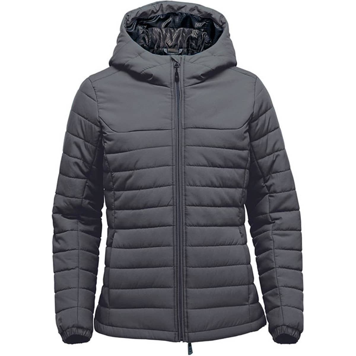 A grey women's quilted hooded jumper featuring a zip front and a logo.