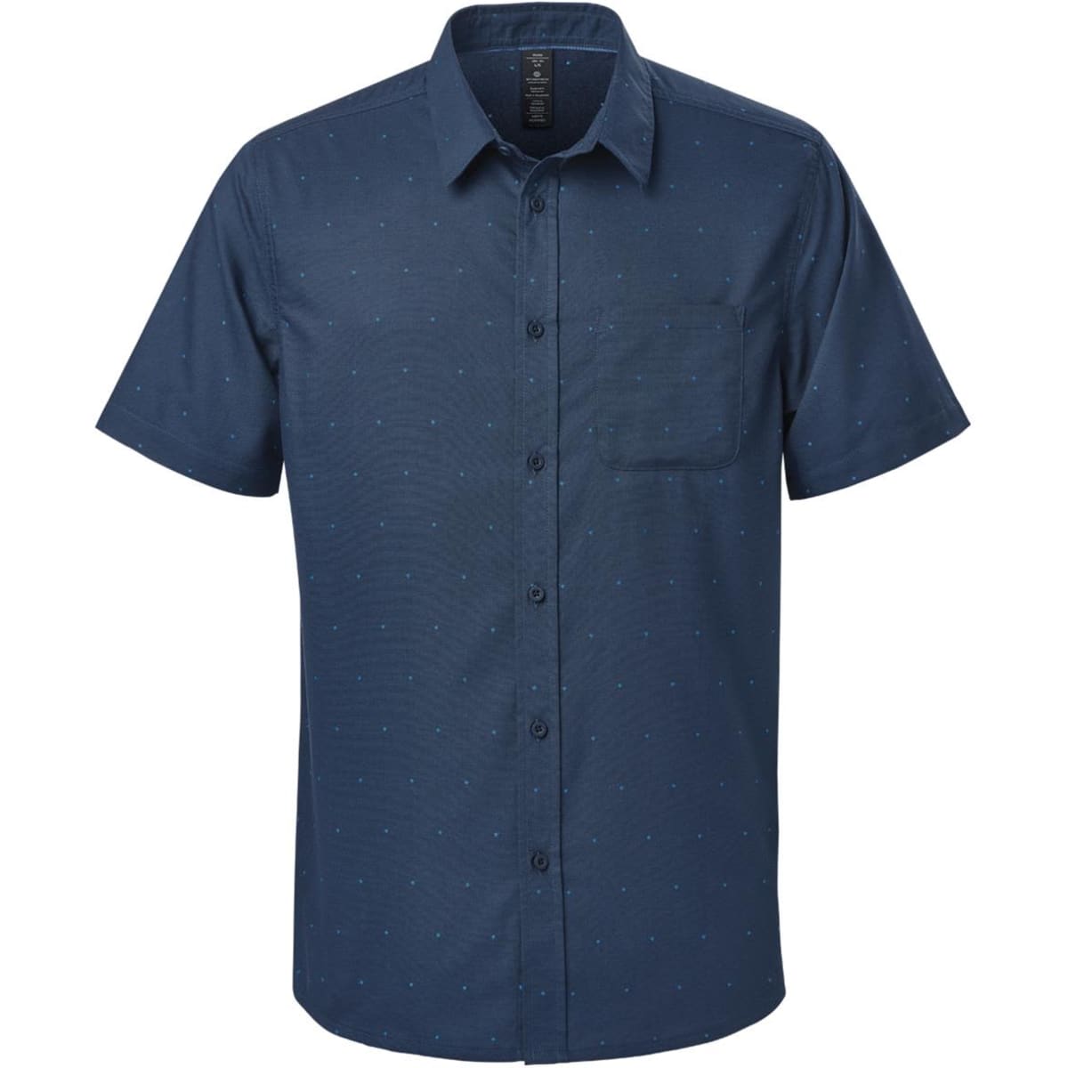 A short-sleeve button-up shirt in navy blue with a subtle pattern, featuring a chest pocket and branding.