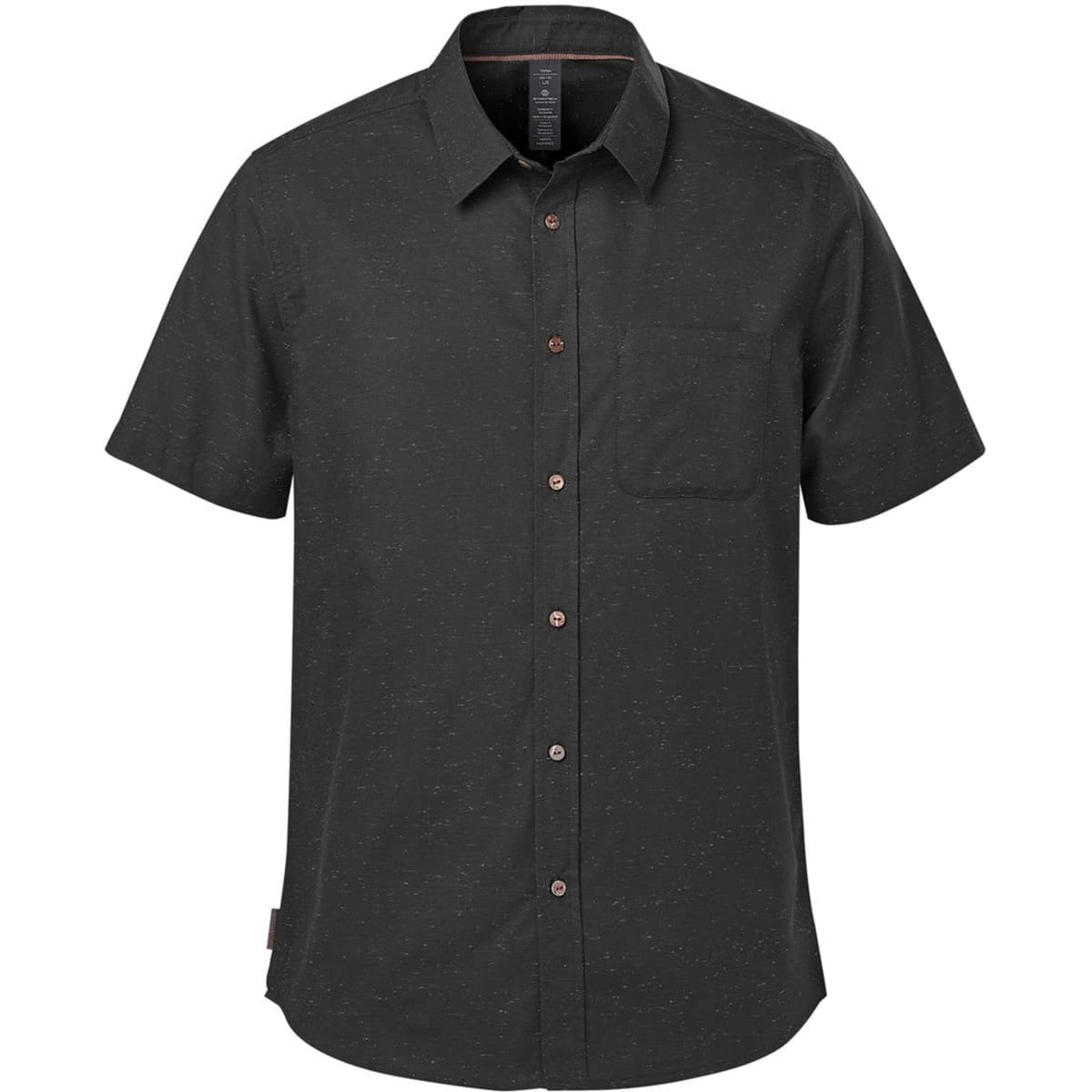 A short-sleeved button-up shirt in black with a subtle speckled pattern and a chest pocket. Features branding.