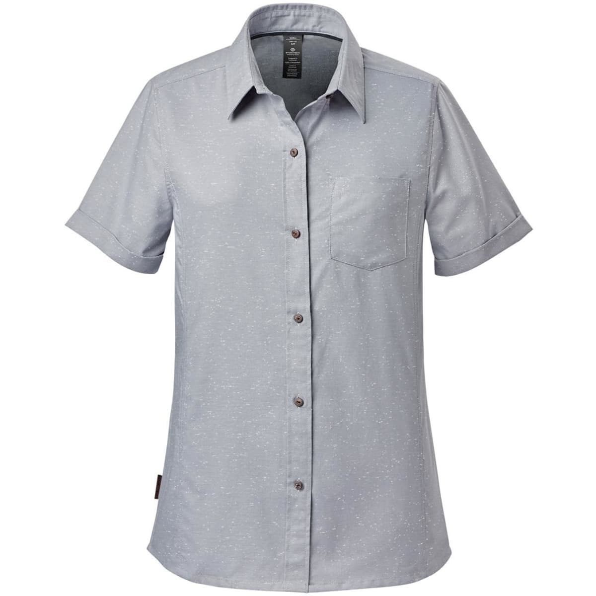 A light grey button-up shirt with short sleeves and a chest pocket, featuring a logo.
