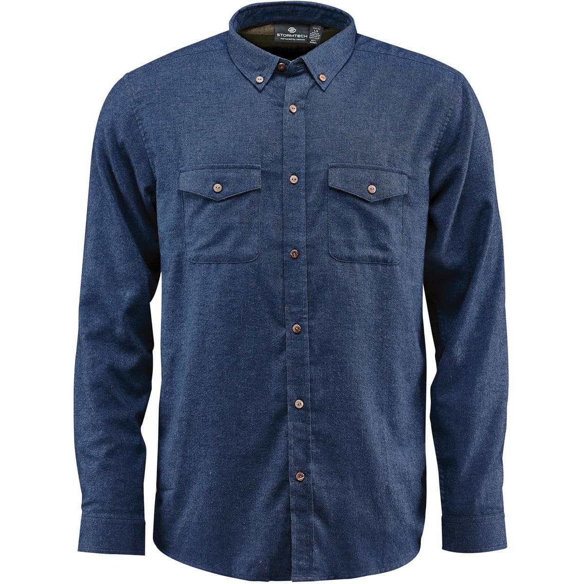 A men's long-sleeve button-up shirt in dark blue with two chest pockets and a branded logo.