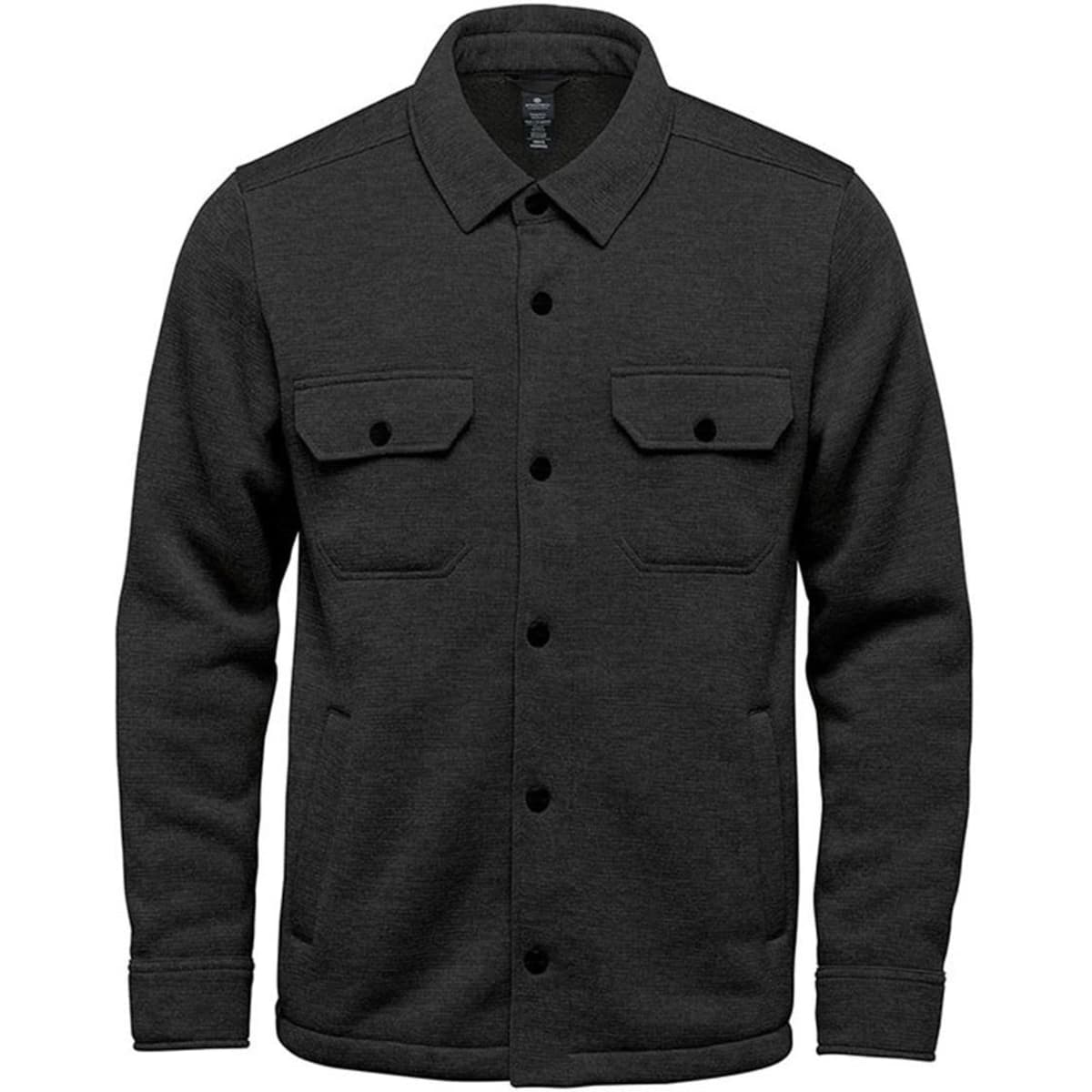 A dark grey unisex fleece shacket featuring a button-up front and two chest pockets, with a logo on the front.
