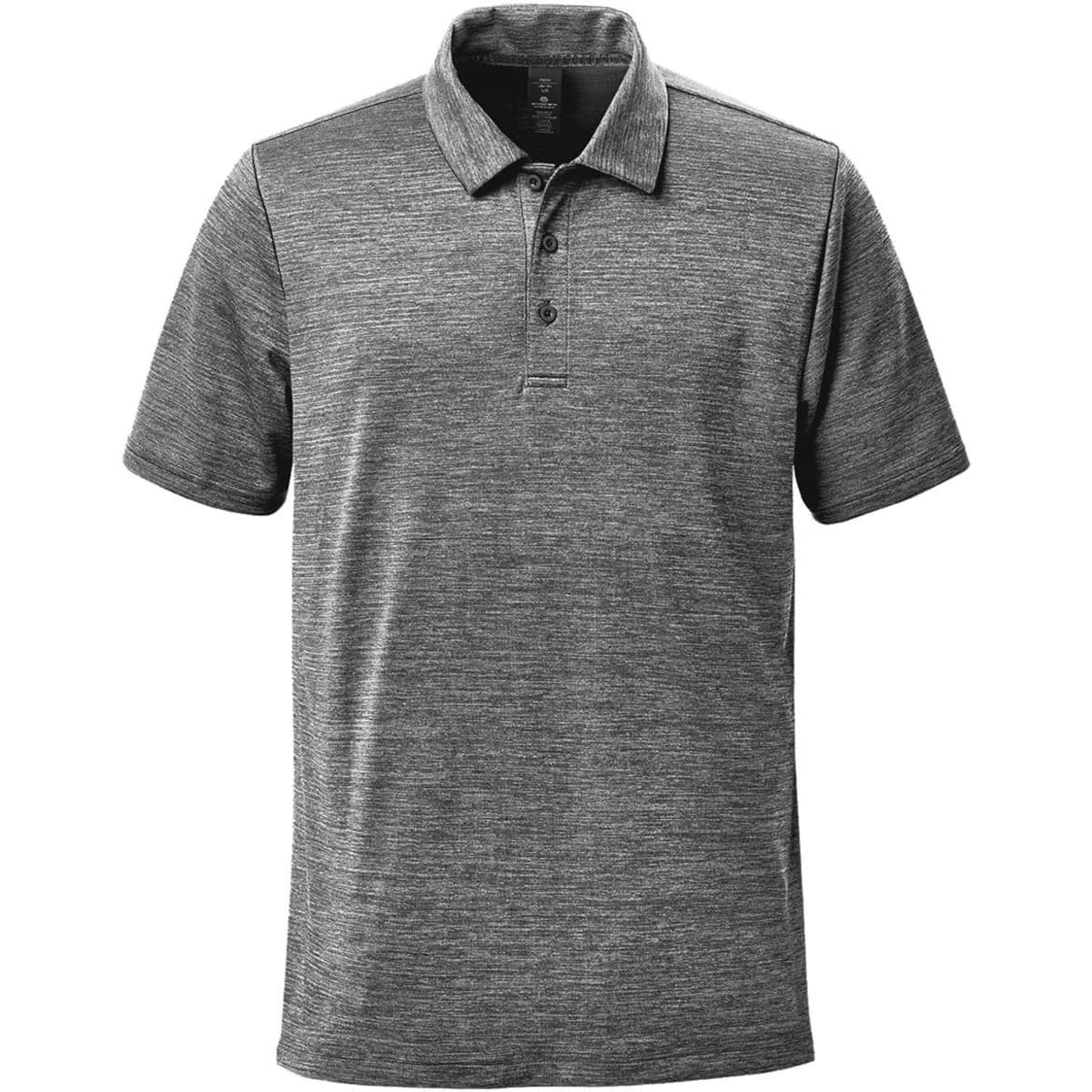 A grey men's polo shirt with a collar, short sleeves, and branding details.