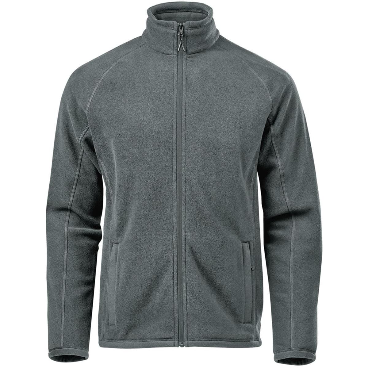 A men's fleece jacket in grey, featuring a high collar and zip front, with side pockets and branding.