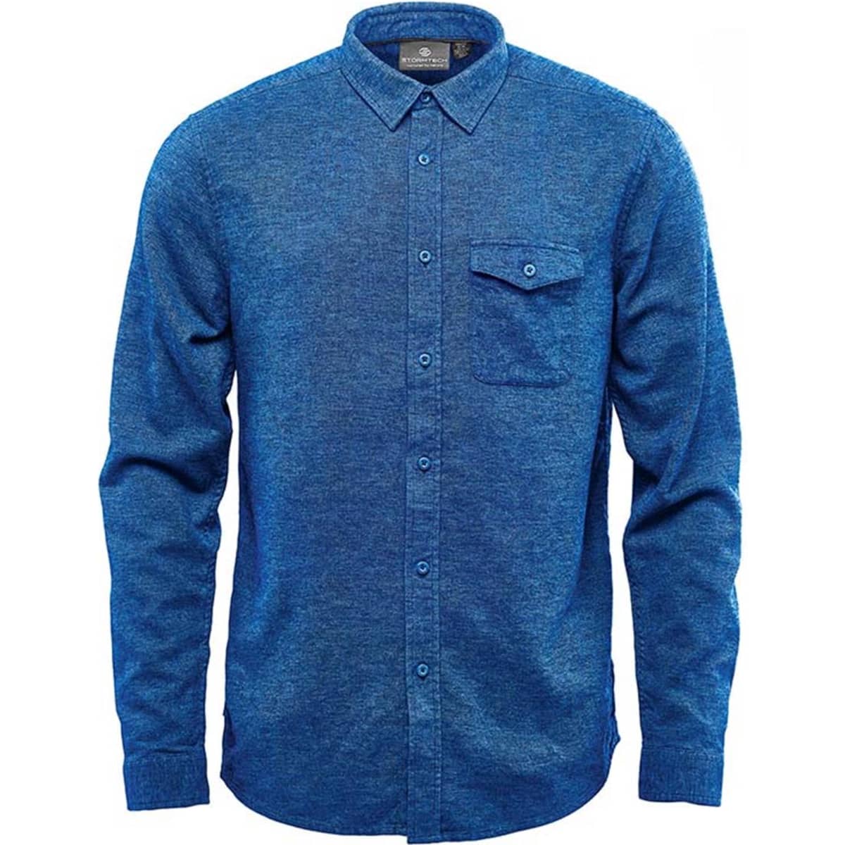 A blue men's long sleeve twill shirt with a button-up front and a single chest pocket.