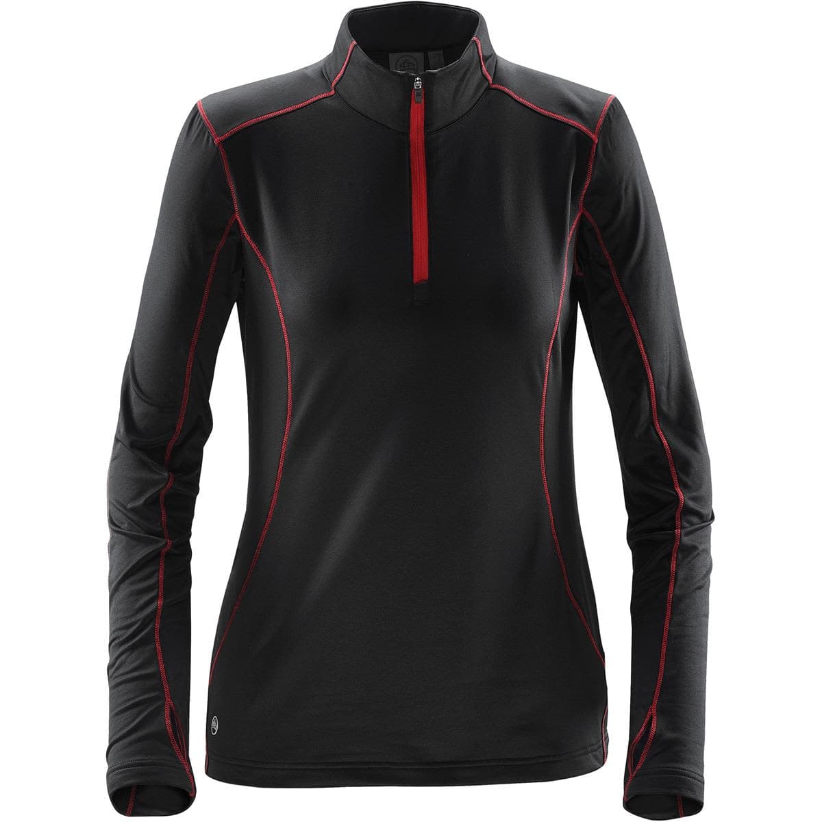 A women's black fleece pullover with red accents and a quarter zip, featuring long sleeves and a logo.