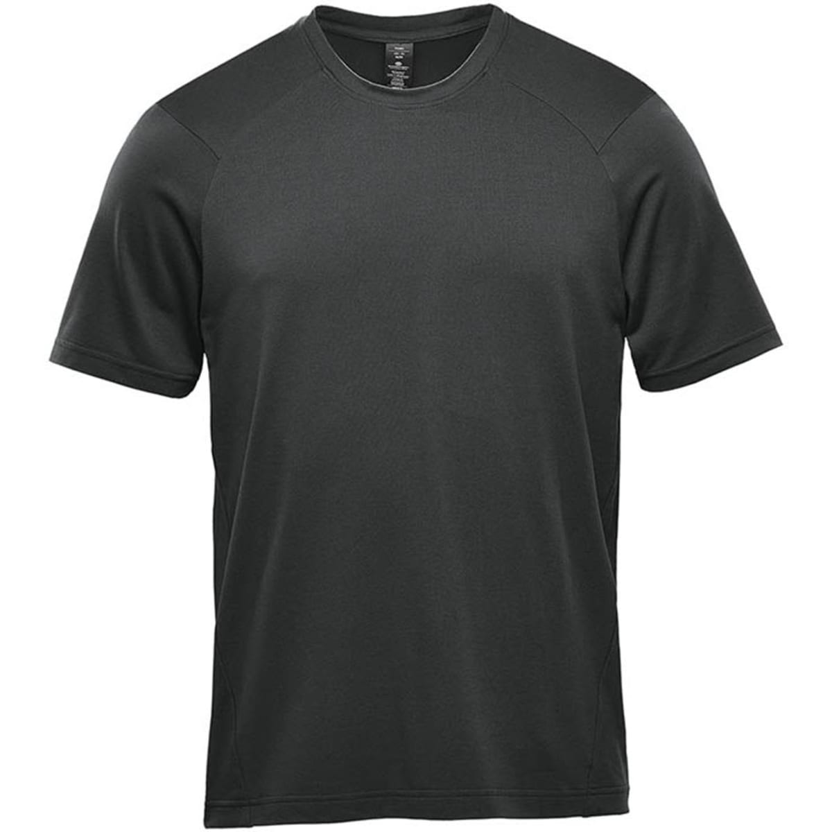 A dark green short sleeve performance tee with a logo on the front and contrasting shoulder panels.