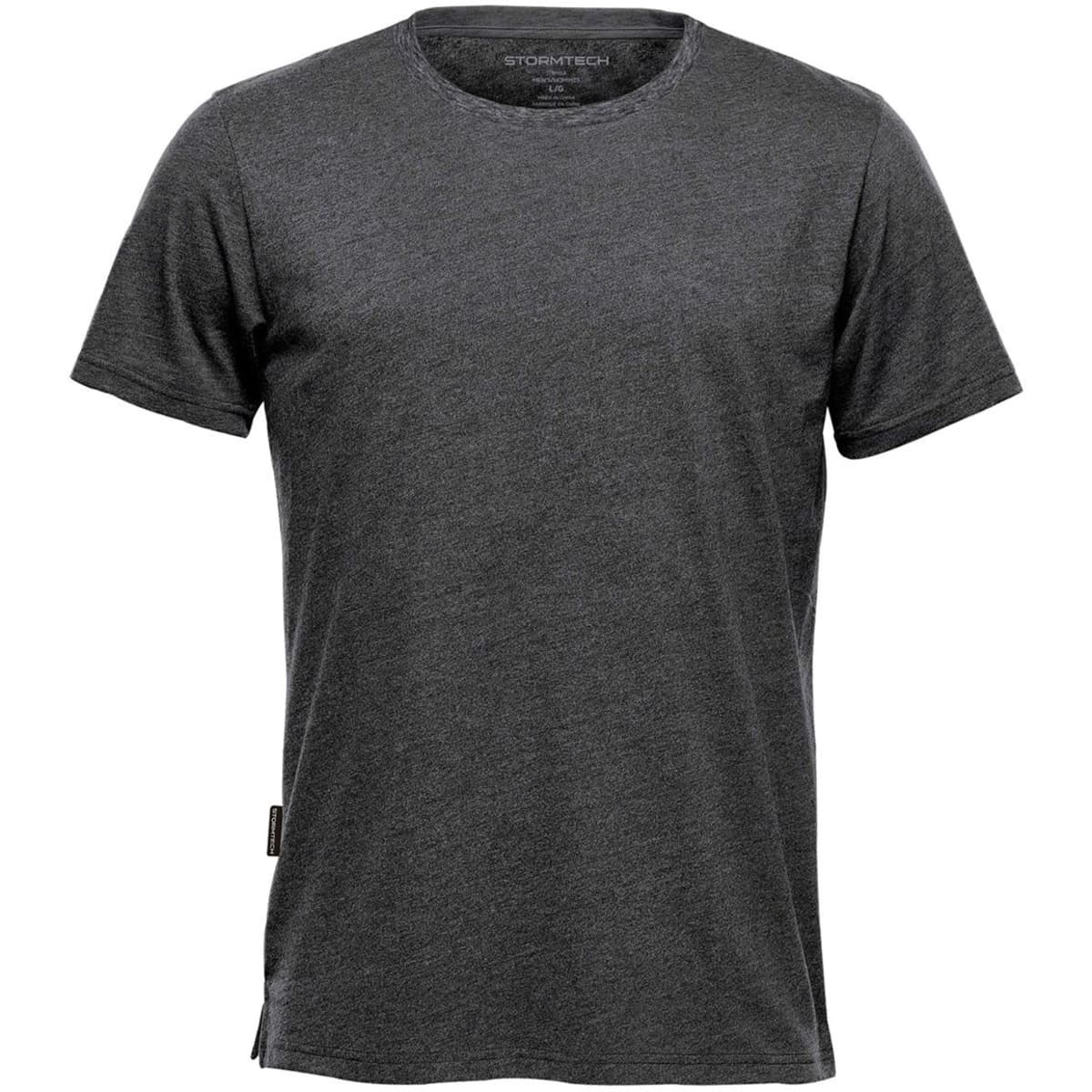 A grey crew neck t-shirt with short sleeves and a side label detail. It features a branding logo on the neckline.
