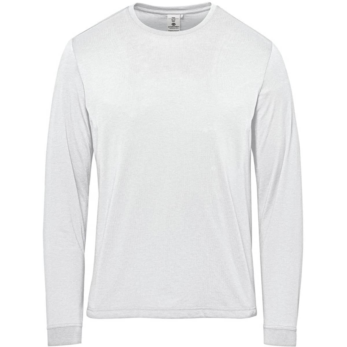 A long-sleeve white t-shirt with a simple design and a logo on the label.