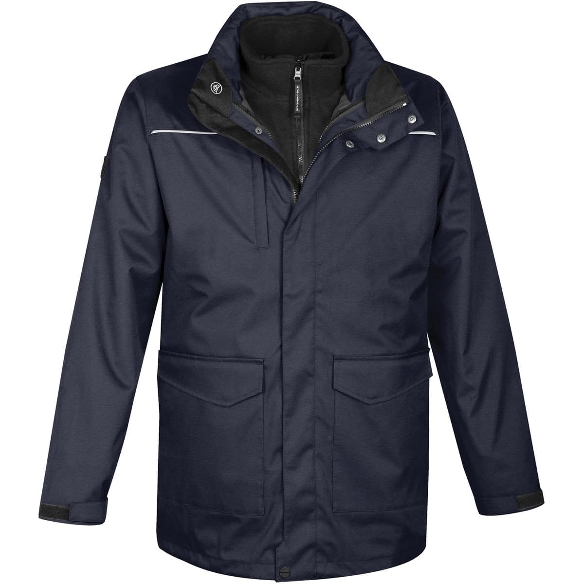 A navy blue men's 3-in-1 parka jacket with multiple pockets and a branded logo.