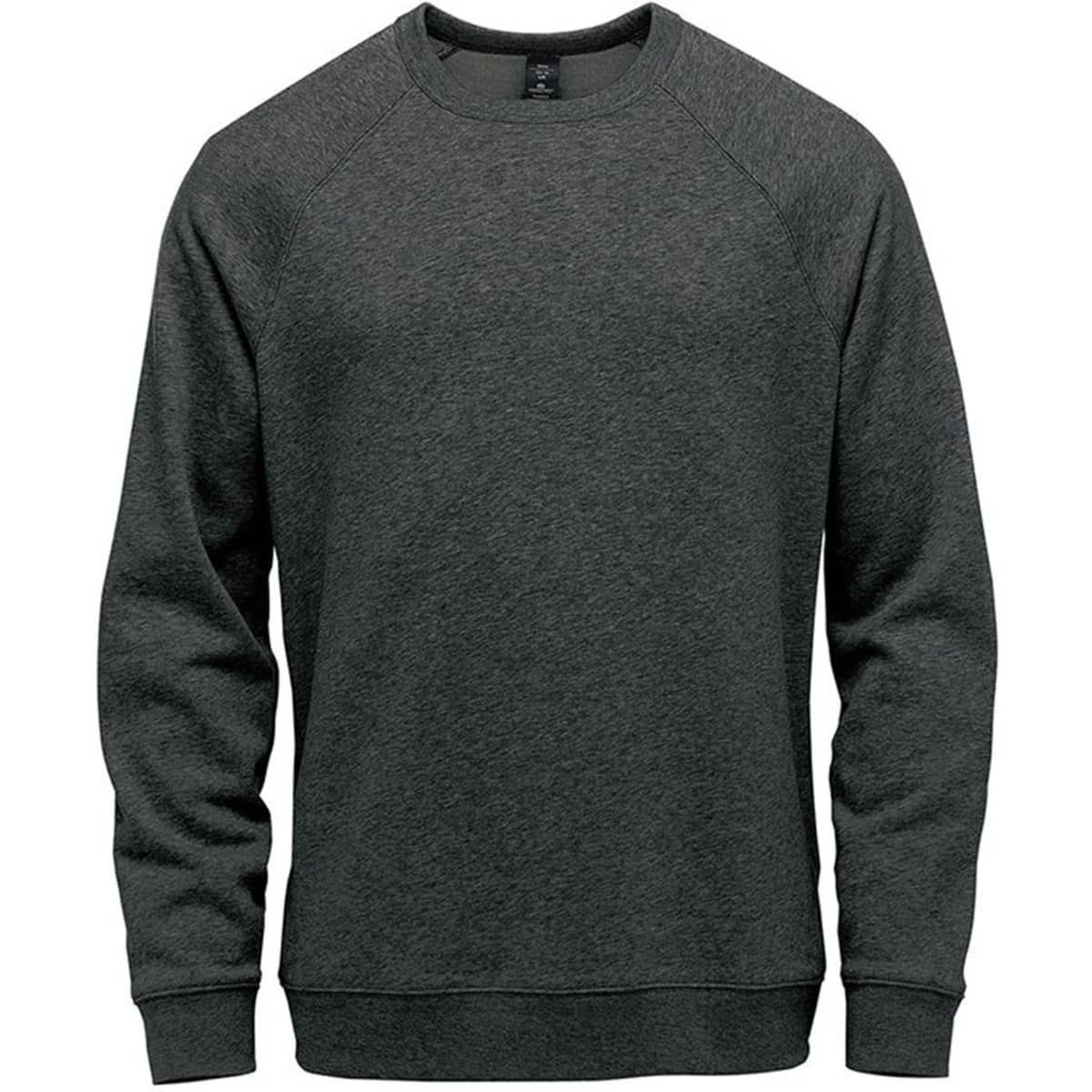 A dark grey crew neck sweater with long sleeves and a simple design, featuring a logo on the front.