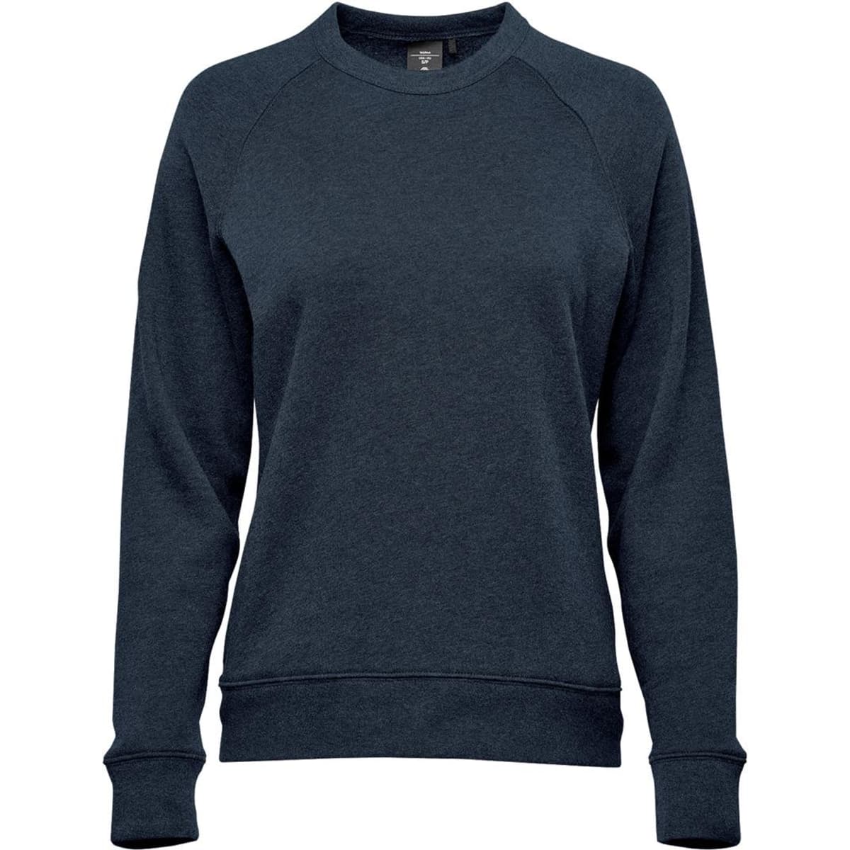 A dark navy women's fleece crew neck jumper with a simple design and ribbed cuffs and hem. It features a logo.
