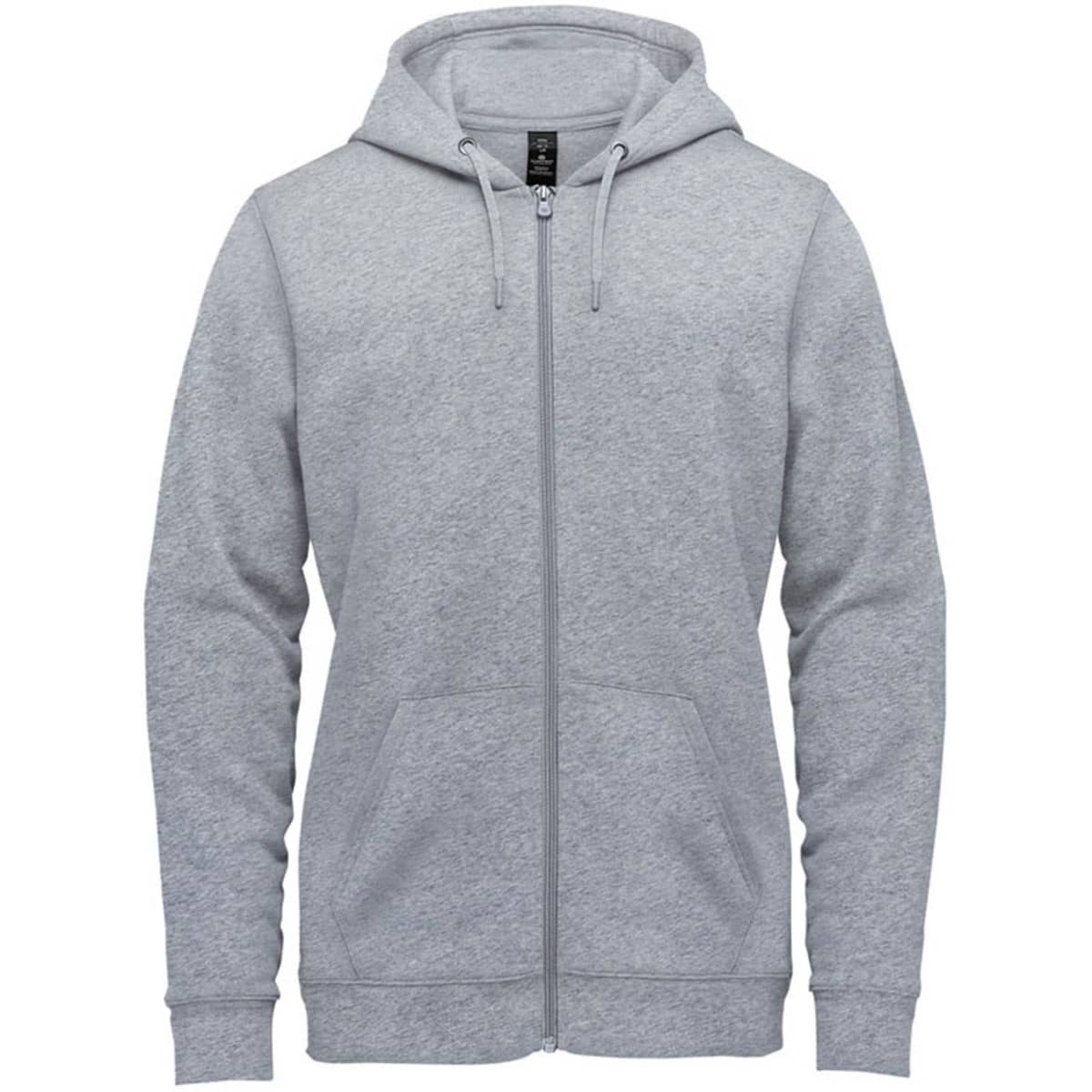 A grey fleece full zip hoody with a hood and pockets, featuring a logo on the chest area.