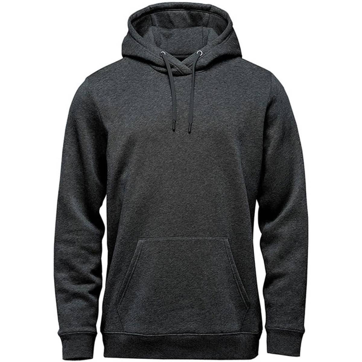 A grey fleece pullover hoody with a front pocket and adjustable drawstring hood. It has a branded logo.