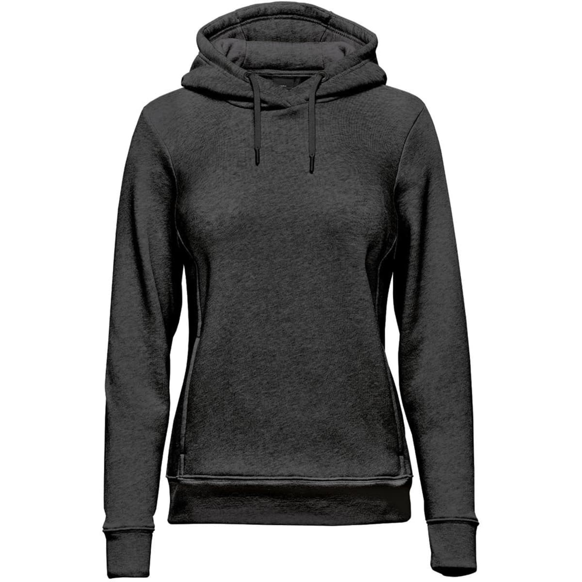 A women's dark grey fleece pullover hoody with a kangaroo pocket and a hood, featuring a logo.
