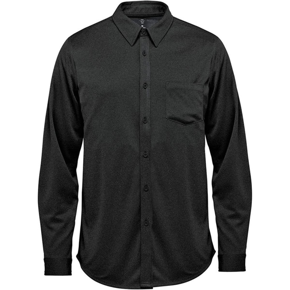 A black long sleeve button-up shirt with a chest pocket and a collar. It has a logo on the label.