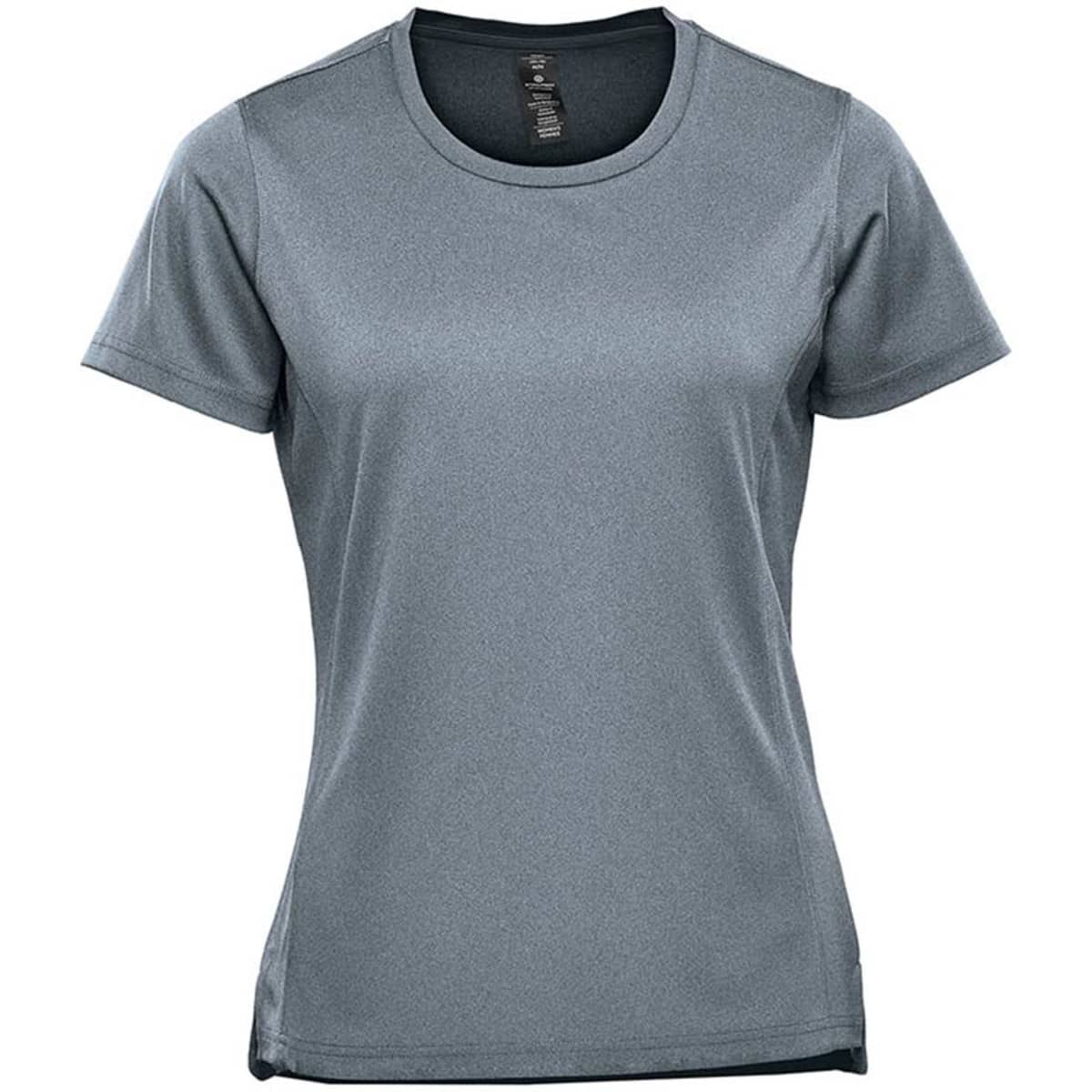 A grey women's short sleeve performance tee with a fitted design and a logo on the front.