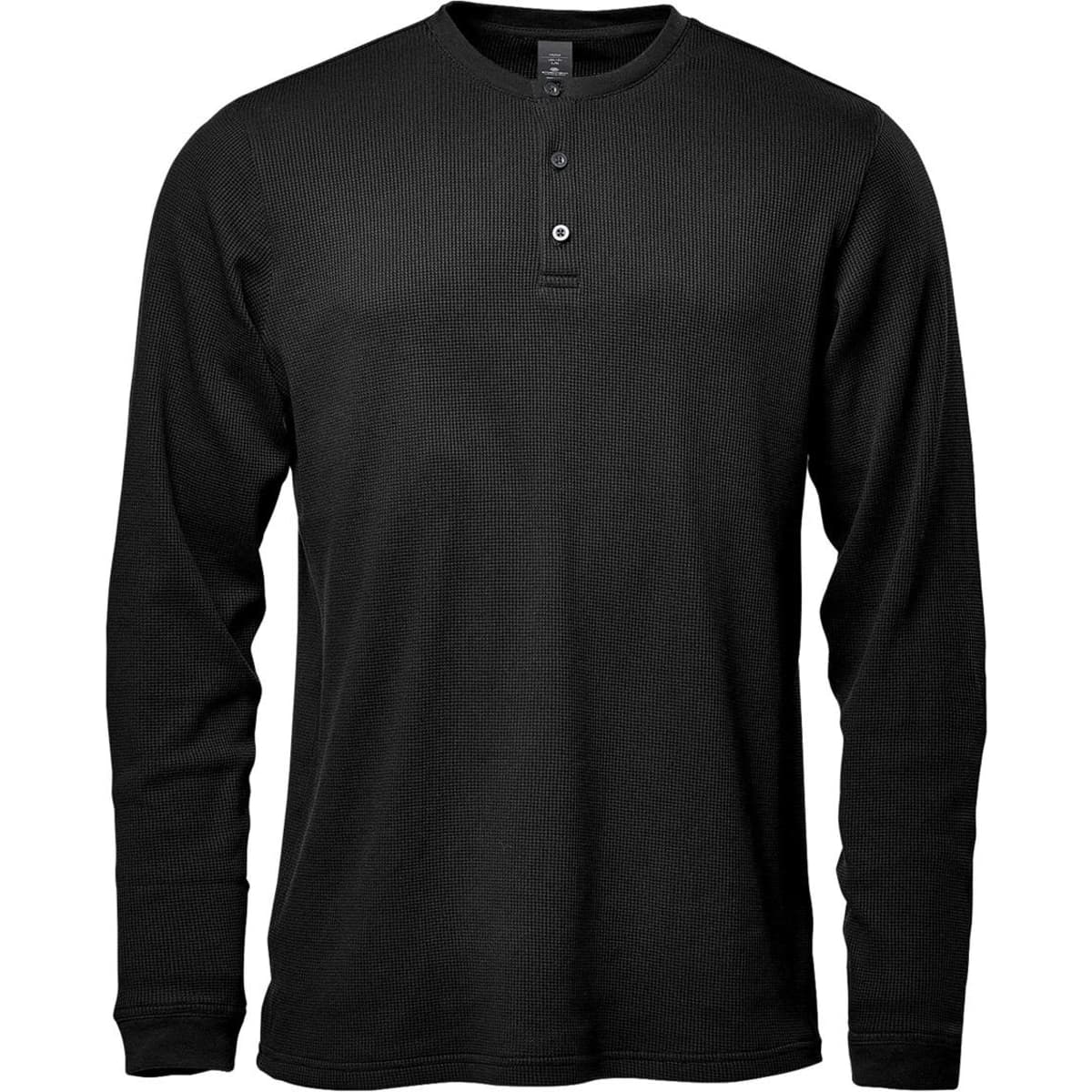 A black long-sleeve Henley shirt featuring a buttoned neckline and a textured design. The shirt has a logo.