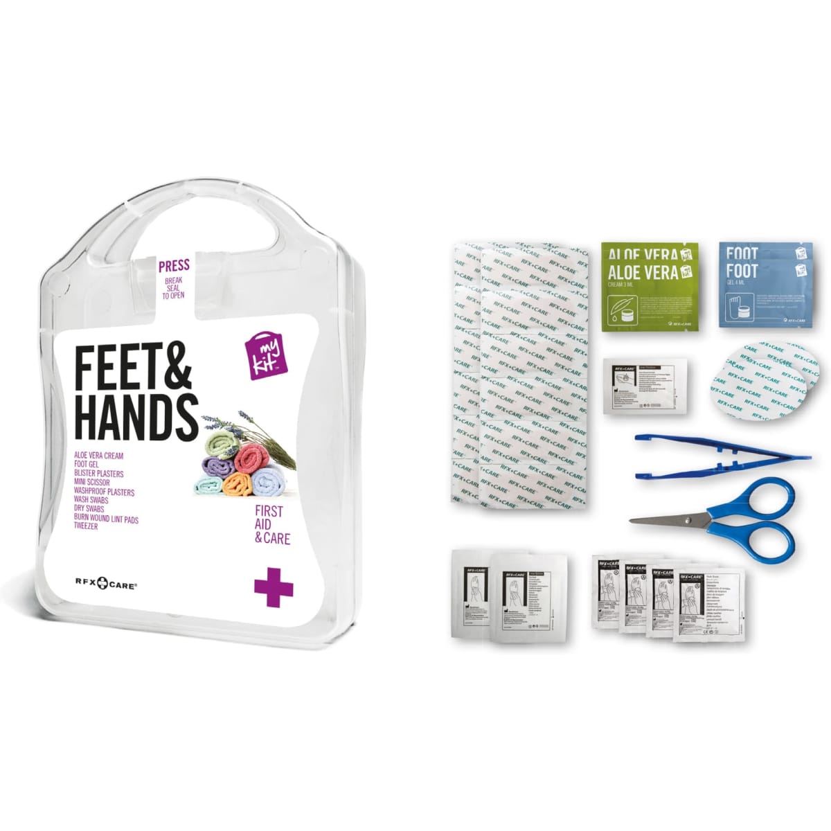 A first aid kit in a clear plastic case containing aloe vera cream, foot pads, scissors, and assorted medical supplies.