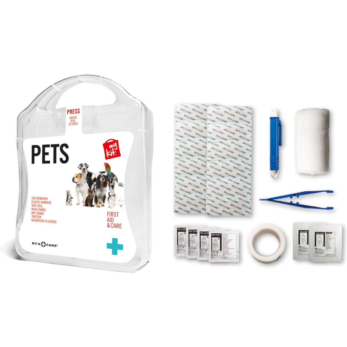 A transparent first aid kit for pets including bandages, a roll of gauze, tweezers, tape, and a pen, all in a clear case.