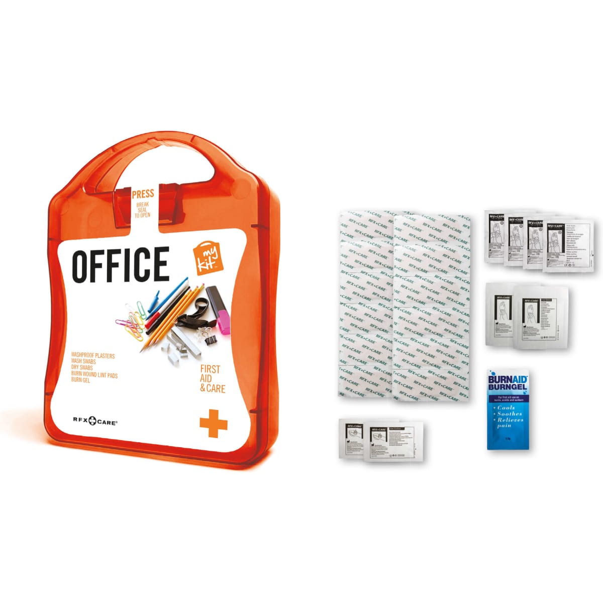 An orange first aid kit labelled “Office” contains various plasters and care items. It features a handle for easy carrying.